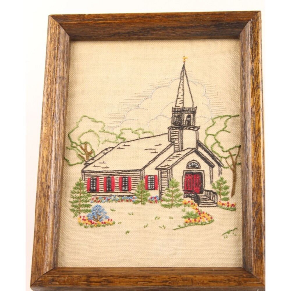 VTG Hand Stitched “Old Country Church” Framed Art